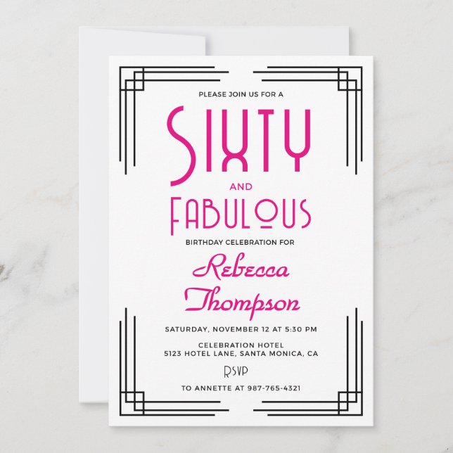 Invitación Sesenta y Fabuloso Rosa Caliente Art Deco Cumpleañ (Anverso)