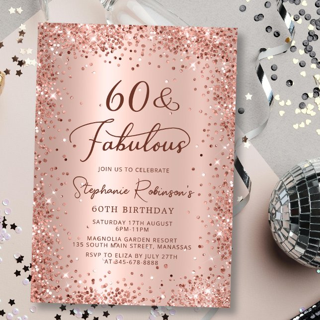 Invitación Sesenta y fabuloso Rosa Purpurina de Oro 60 cumple (Subido por el creador)