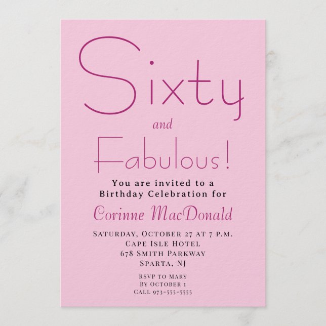Invitación Sesenta y Fabuloso Rosa Rubor Cumpleaños 60 (Anverso)
