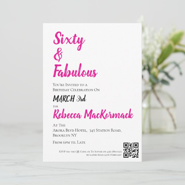 Invitación Sesenta y Fabuloso Script Cumpleaños 60 Rosa (Anverso de pie)