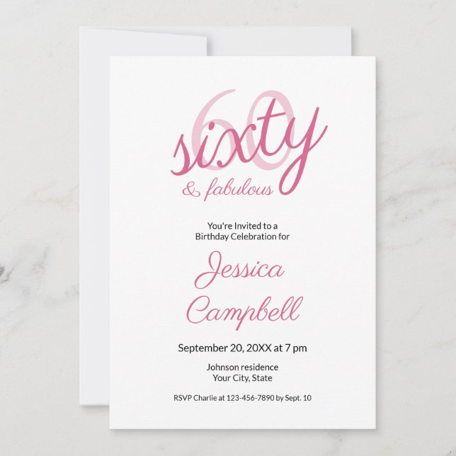 Invitación Sesenta y Fabuloso Script Rosa Cumpleaños 60 (Anverso)