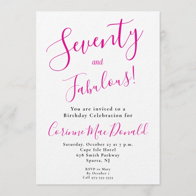 Invitación Sesenta y Fabuloso Script Rosa Cumpleaños 70 Party (Anverso)