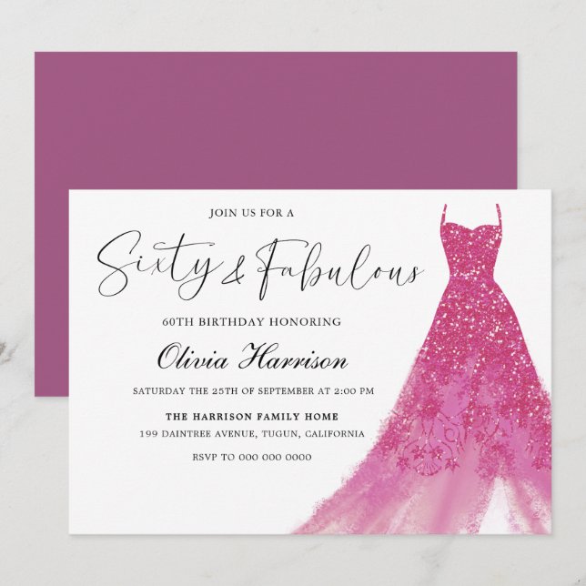 Invitación Sesenta y fabuloso vestido rosa magnífico cumpleañ (Anverso / Reverso)