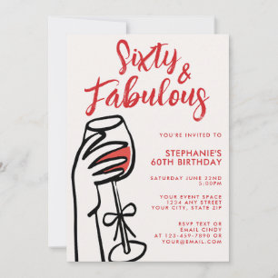 Invitación Sesenta y fabuloso vino tinto dibujado a mano Cump