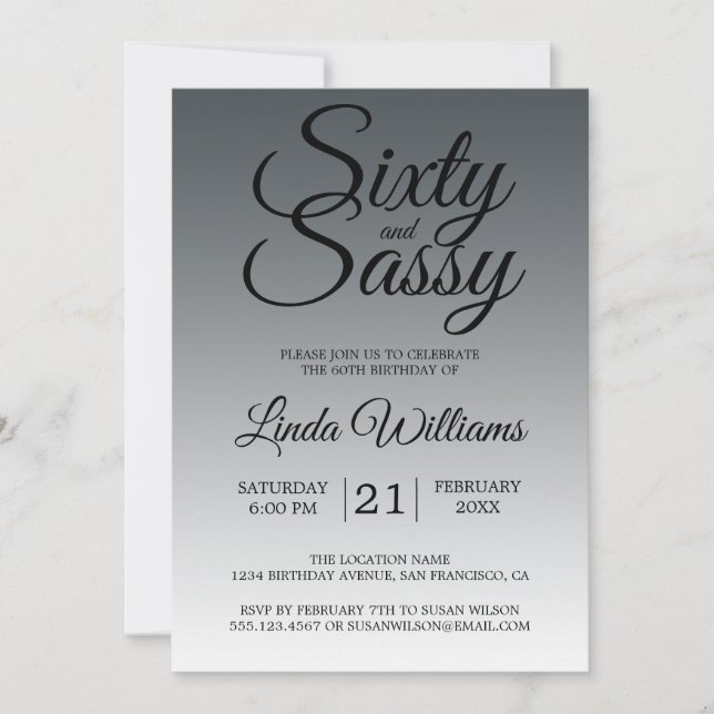Invitación Sesenta y Sassy Carbón Negro Cumpleaños 60 (Anverso)
