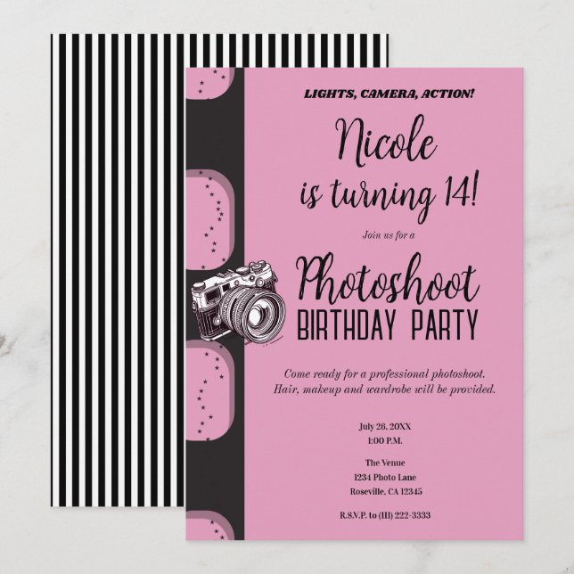 Invitación Sesión de Fotos Cumpleaños Fiesta Rosa Negro Fotog (Anverso / Reverso)