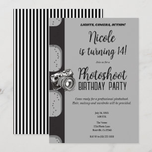 Invitación Sesión de Fotos Cumpleaños Fotografías Gris Negro