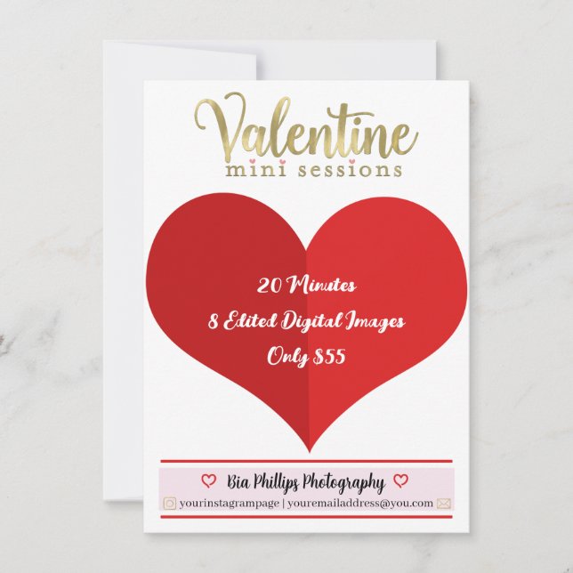 Invitación Sesiones de Fotografía Mini de San Valentín en Oro (Anverso)