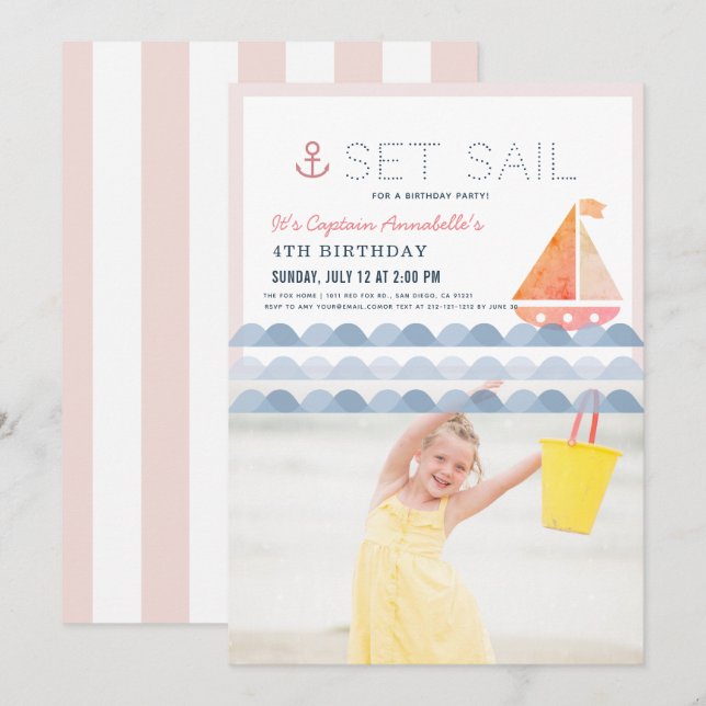 Invitación Set Sailboat Chica rosa foto de cumpleaños (Anverso / Reverso)