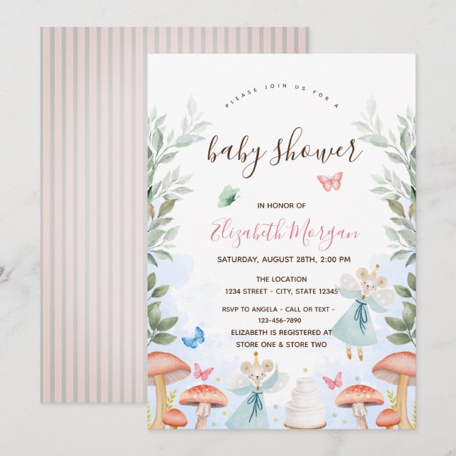 Invitación Setas, Bebés Mouses Estaciones Rosadas Baby Shower (Anverso / Reverso)
