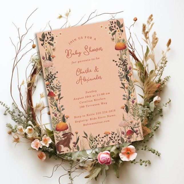 Invitación setas de bosque flores silvestres durazno bebé duc (Subido por el creador)