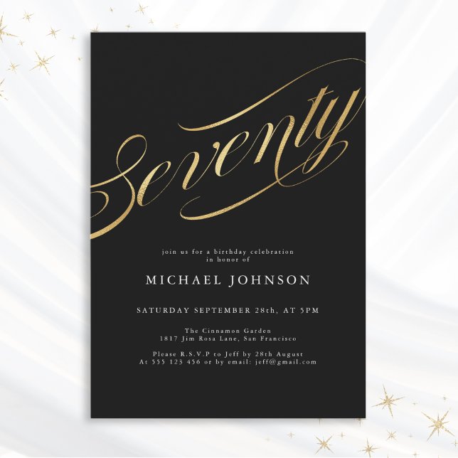 Invitación Setenta Black Gold Modern 70 cumpleaños (Mockup View)