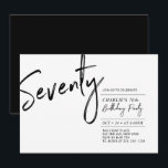 Invitación Setenta | Black & White Modern 70th Birthday Party<br><div class="desc">Celebra tu día especial con esta sencilla y elegante invitación a la fiesta de cumpleaños número 70. Este diseño presenta un guión de broche "Setenty" con un diseño limpio en combinación color blanco y negro. Más diseños disponibles en mi tienda BaraBomDesign.</div>