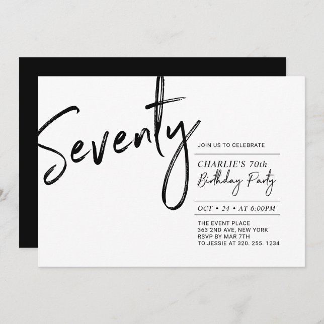 Invitación Setenta | Black & White Modern 70th Birthday Party (Anverso / Reverso)