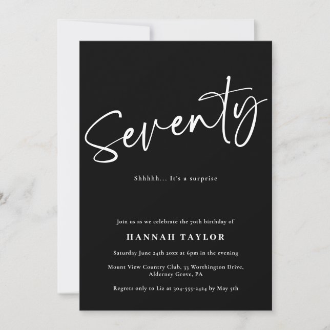 Invitación Setenta Black White Simple Script 70 cumpleaños (Anverso)