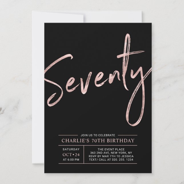 Invitación Setenta | Cumpleaños 70 Rosa Dorado y Negro (Anverso)