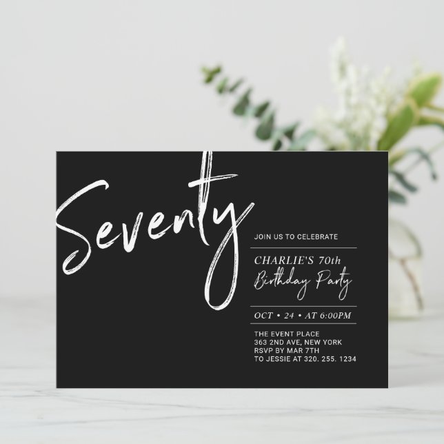 Invitación Setenta Fiesta de Cumpleaños Moderna en Blanco y N (Anverso de pie)