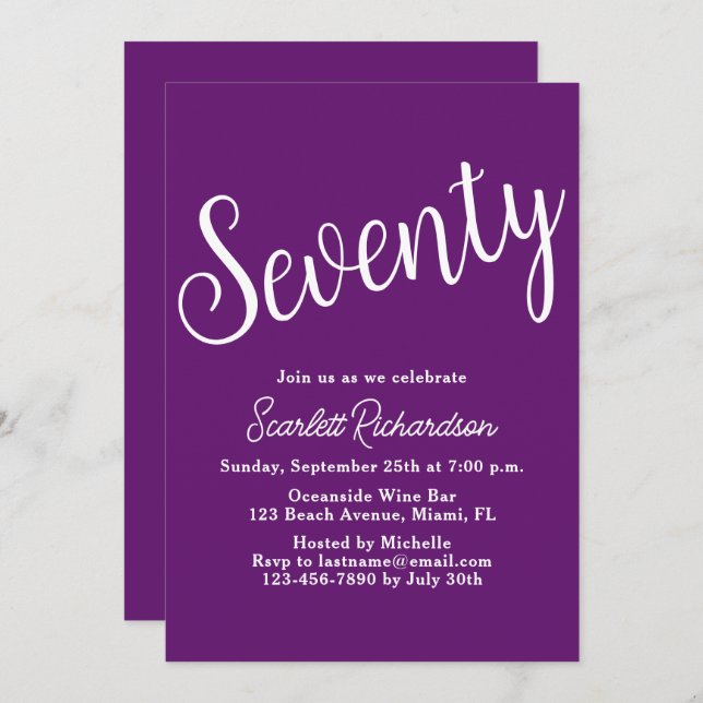 Invitación Setenta Script Otoño Purple 70 cumpleaños (Anverso / Reverso)