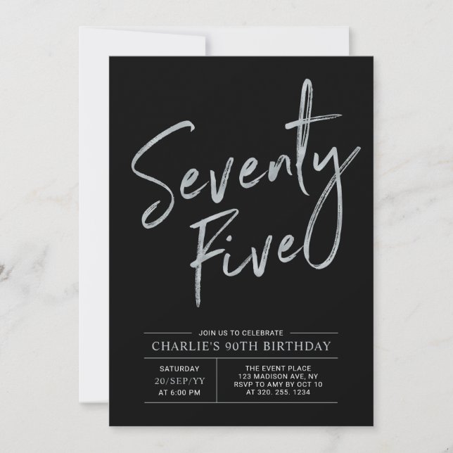 Invitación Setenta y cinco | Cumpleaños 75 de plata y negro (Anverso)