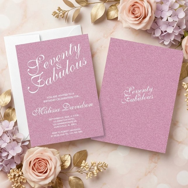 Invitación Setenta y Fabuloso Cumpleaños con Brillo Rosa (Pink Glitter Seventy and Fabulous Birthday Invitation)