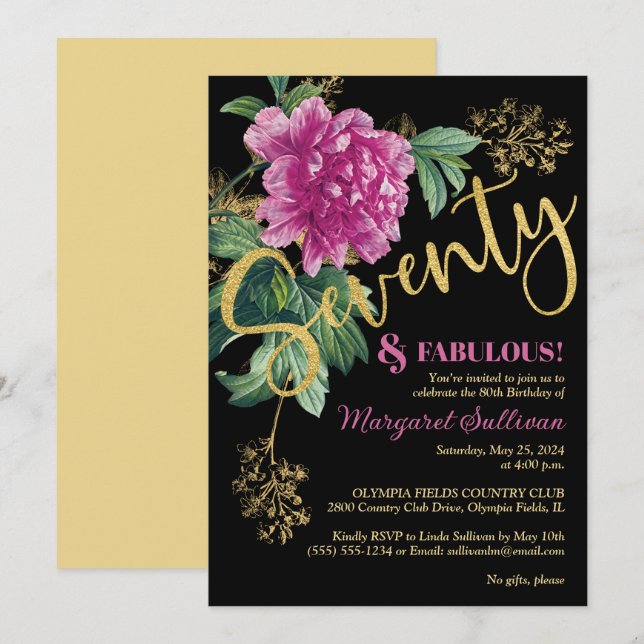 Invitación Setenta y fabuloso cumpleaños de los peones rosado (Anverso / Reverso)