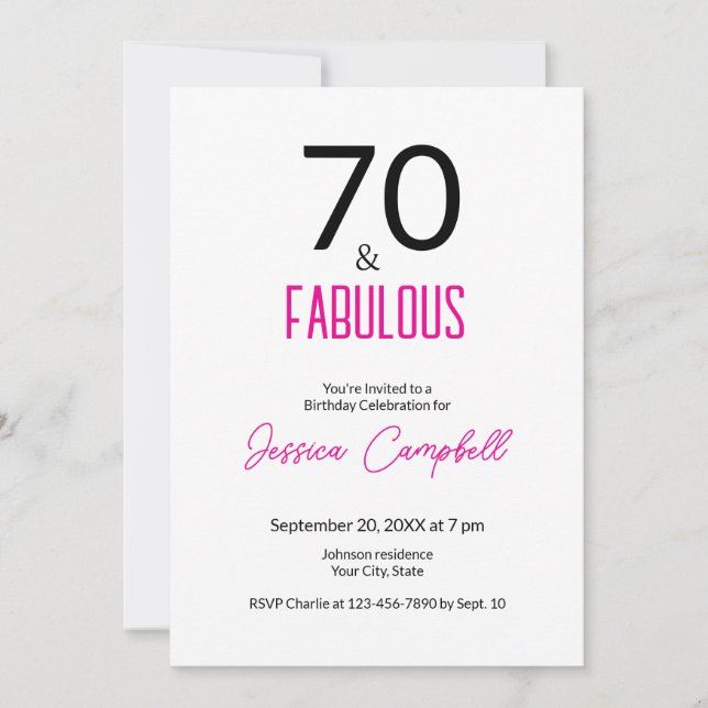 Invitación Setenta y Fabuloso Cumpleaños Mínimo 70 (Anverso)