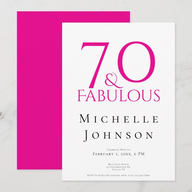 Invitación Setenta y Fabuloso Minimal Rosa Cumpleaños 70 (Anverso / Reverso)