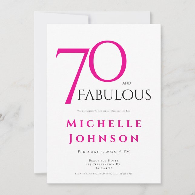 Invitación Setenta y Fabuloso Rosa Mínimo Cumpleaños 70 (Anverso)