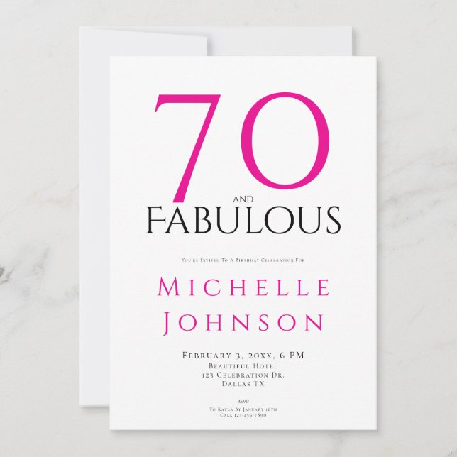 Invitación Setenta y Fabuloso Rosa Mínimo Cumpleaños 70 (Anverso)