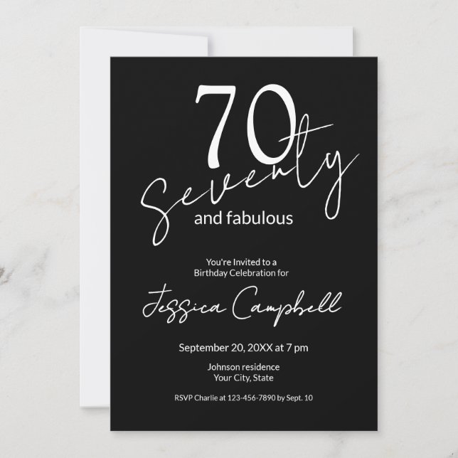 Invitación Setenta y Fabuloso Script Negro Cumpleaños 70 (Anverso)