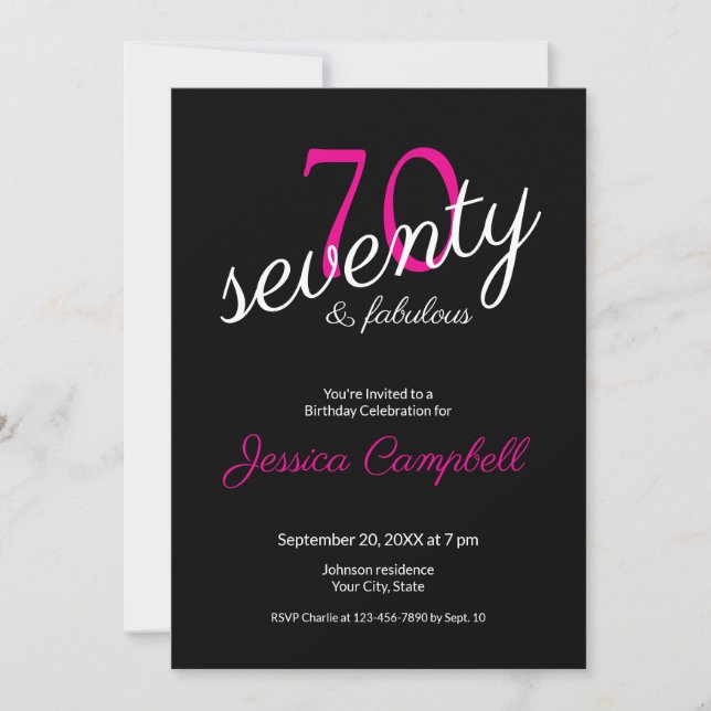 Invitación Setenta y Fabuloso Script Negro Cumpleaños 70 (Anverso)