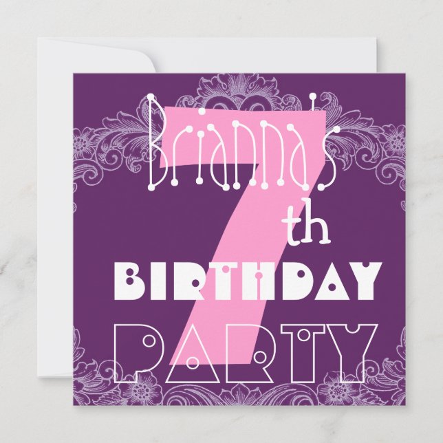 Invitación Sétimo cumpleaños, número grande rosa y morado par (Anverso)