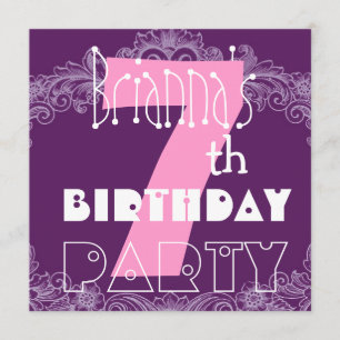 Invitación Sétimo cumpleaños, número grande rosa y morado par