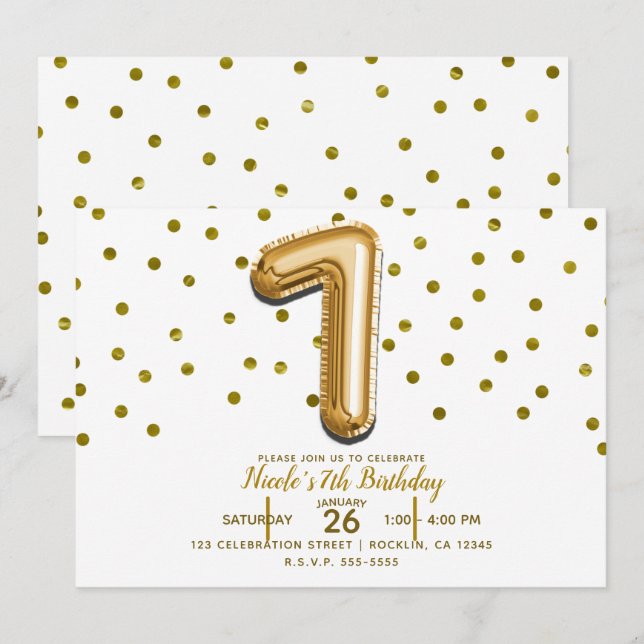 Invitación SEVEN 7 Globo de Confeti de Oro Fiesta de Cumpleañ (Anverso / Reverso)