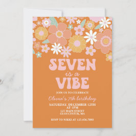 Invitación Seven es una vibra Groovy Retro Floral cumpleaños