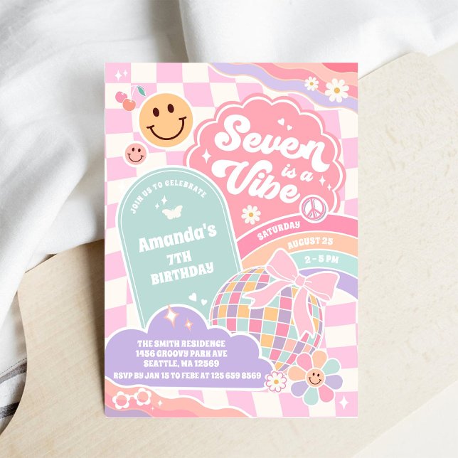 Invitación Seven Is A Vibe Cloud Rainbow Disco 7th Birthday  (Subido por el creador)