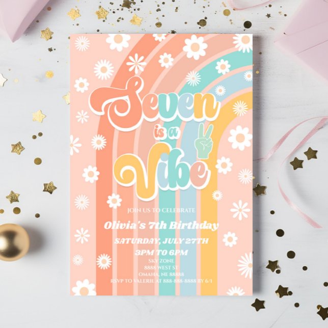 Invitación Seven is a Vibe Rainbow Daisy Séptima fiesta de cu (Subido por el creador)