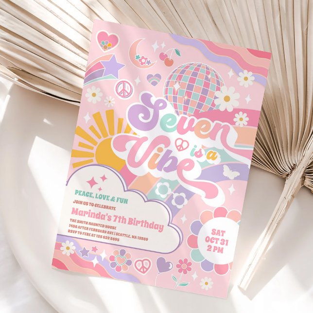 Invitación Seven Is A Vibe Retro Groovy Daisy Cumpleaños 7 (Subido por el creador)