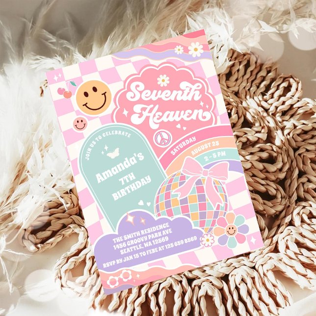 Invitación Seventh Heaven Cloud Rainbow Disco 7th Birthday (Subido por el creador)