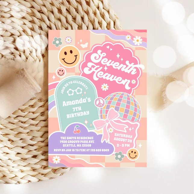 Invitación Seventh Heaven Cloud Rainbow Disco 7th Birthday  (Subido por el creador)