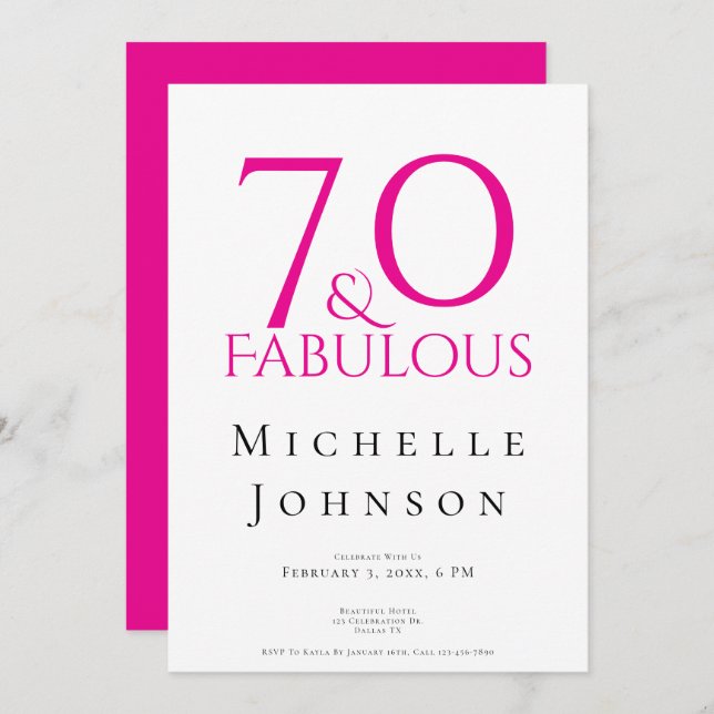 Invitación Seventy and Fabulous Minimal Pink 70th Birthday (Anverso / Reverso)