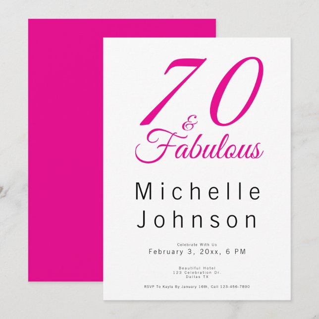Invitación Seventy and Fabulous Minimal Pink 70th Birthday (Anverso / Reverso)