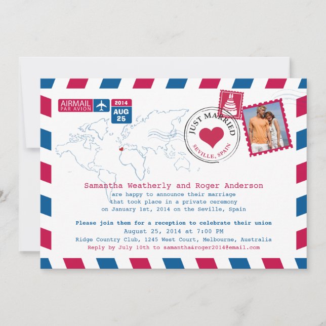 Invitación Sevilla, España Airmail Post Boda Recepción (Anverso)