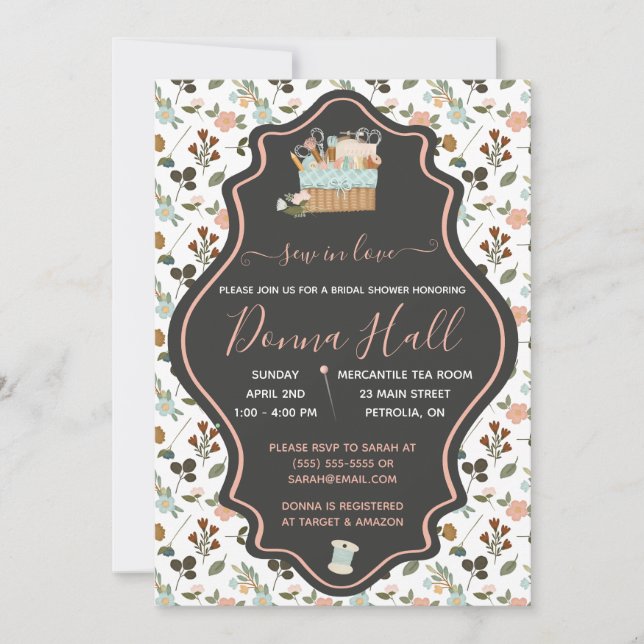 Invitación ¡Sew! Bordados, ducha de novia floral (Anverso)