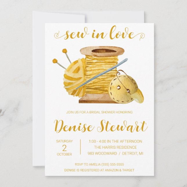 Invitación Sew in Love, nociones de coser ducha de novia (Anverso)