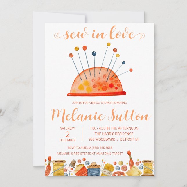 Invitación Sew in Love, nociones de coser ducha de novia (Anverso)