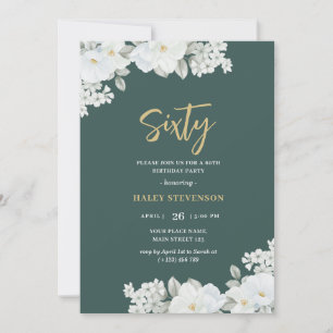 Invitación Sexagésimo cumpleaños floral verde esmeralda y dor