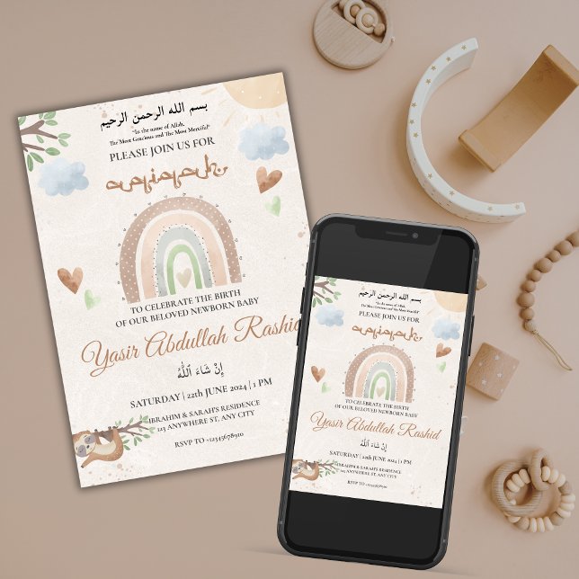 Invitación Sexo arcoiris Neutral recién nacido Aqiqah Musulmá (Rainbow Gender Neutral Newborn Baby Aqiqah Muslim Invitation)