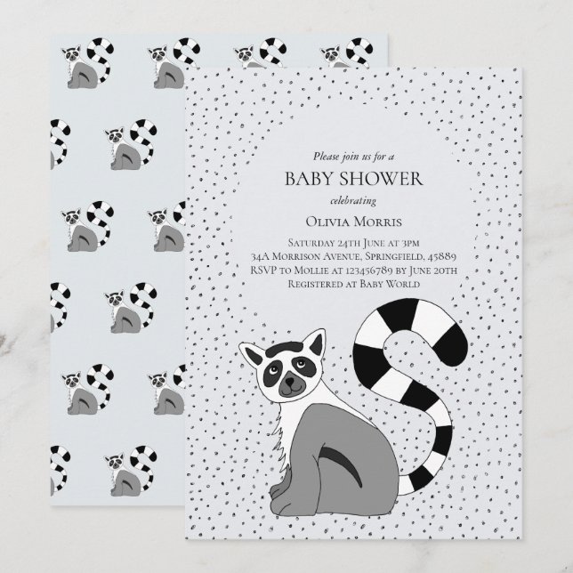 Invitación Sexo corto Neutral Jungla Lemur Nombre Baby Shower (Anverso / Reverso)