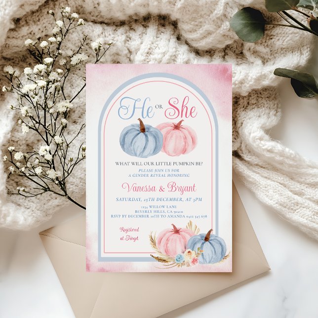 Invitación Sexo de calabaza Boho Revelan Floral rosa y azul (Subido por el creador)